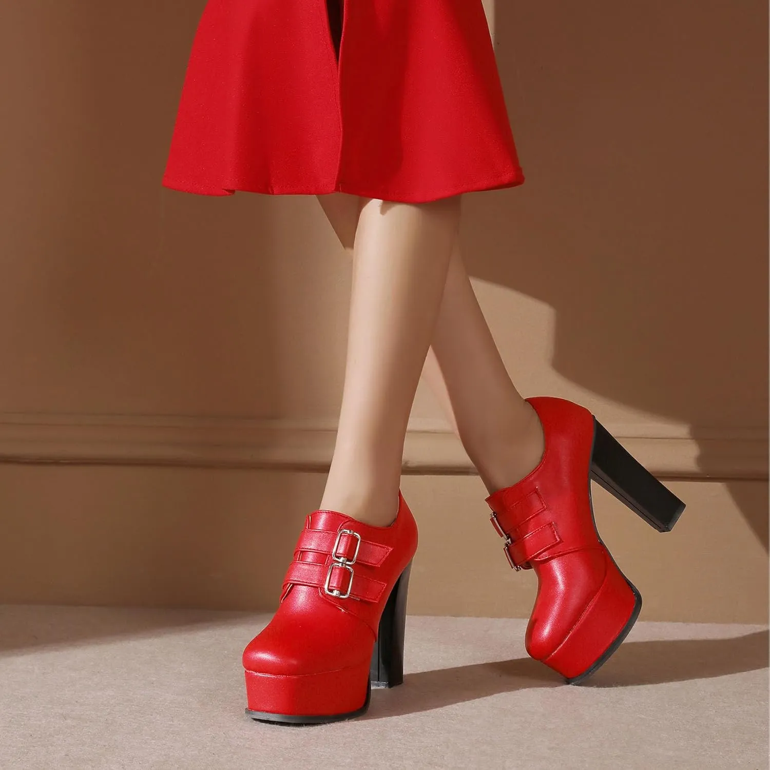 SHEMEE Women's Super High Heel Platform Pumps Block Chunky Heels Ankle Booties Buckle Pull On Dress Shoes