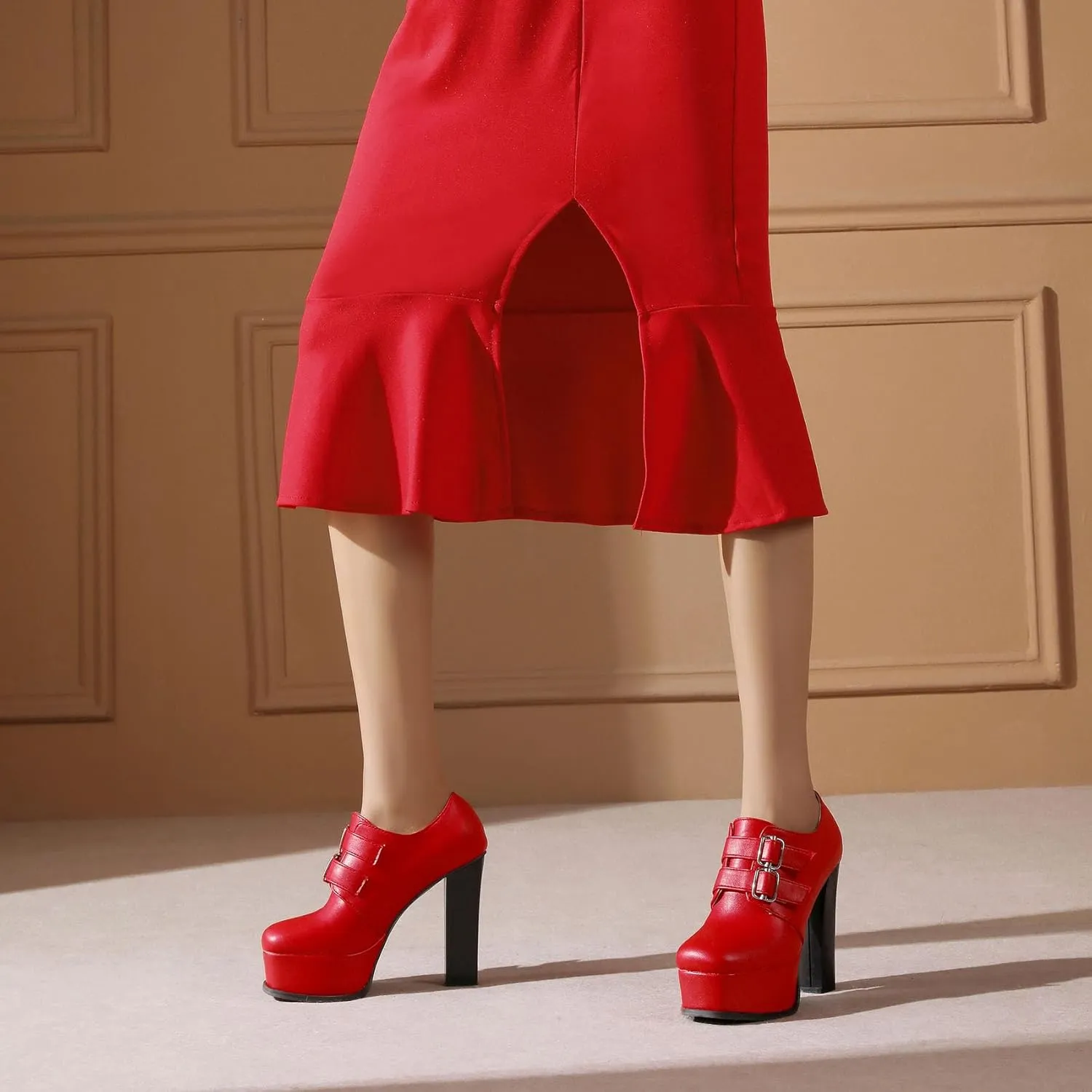 SHEMEE Women's Super High Heel Platform Pumps Block Chunky Heels Ankle Booties Buckle Pull On Dress Shoes