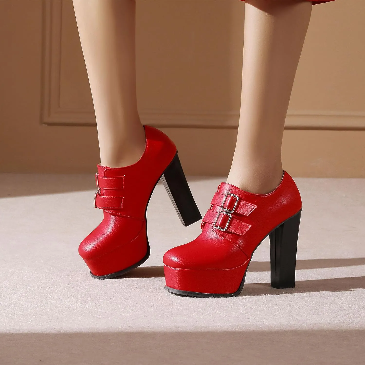 SHEMEE Women's Super High Heel Platform Pumps Block Chunky Heels Ankle Booties Buckle Pull On Dress Shoes