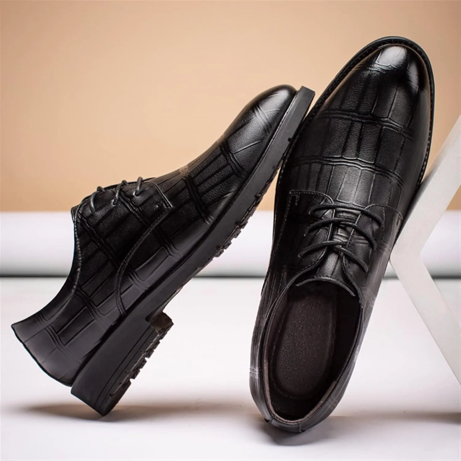 Single Season Shoes Dress Oxford for Men Lace Up Plaid Derby Shoes Leather Non Slip Anti-Slip Low Top Slip Resistant Classic Very Popular Among Young People