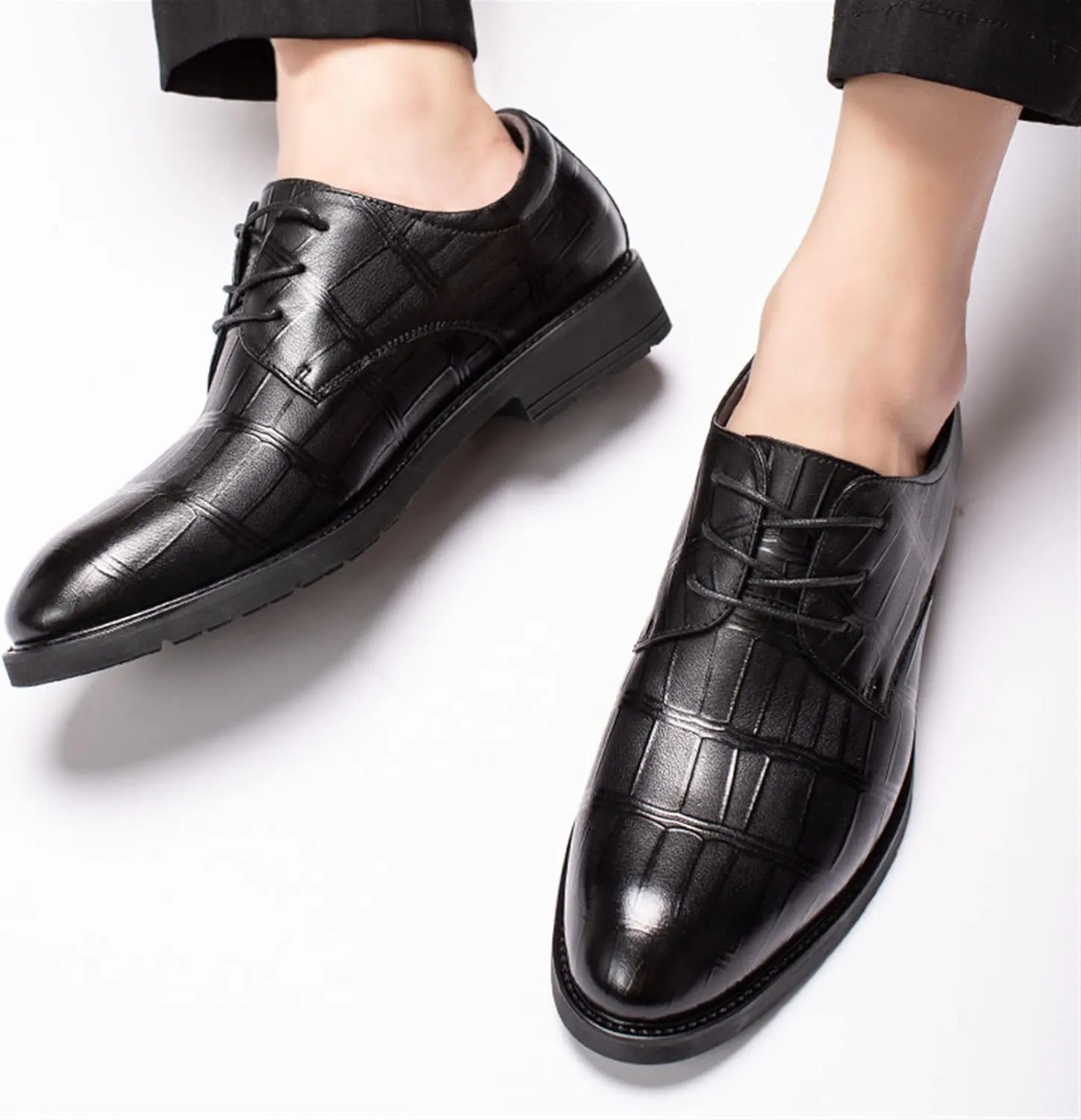 Single Season Shoes Dress Oxford for Men Lace Up Plaid Derby Shoes Leather Non Slip Anti-Slip Low Top Slip Resistant Classic Very Popular Among Young People