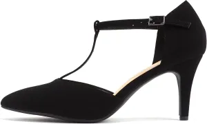 Soda Bahia ~ Women Pointed Toe Closed Back Counter Stiletto Mid Heel T-Strap Pump Shoe