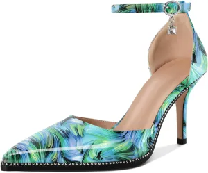 Soireelady Womens High Heels Beaded Pumps Stiletto Ankle Strap Pointed Toe D'Orsay Heel Dress Shoes Patent Leather 3.5 Inch
