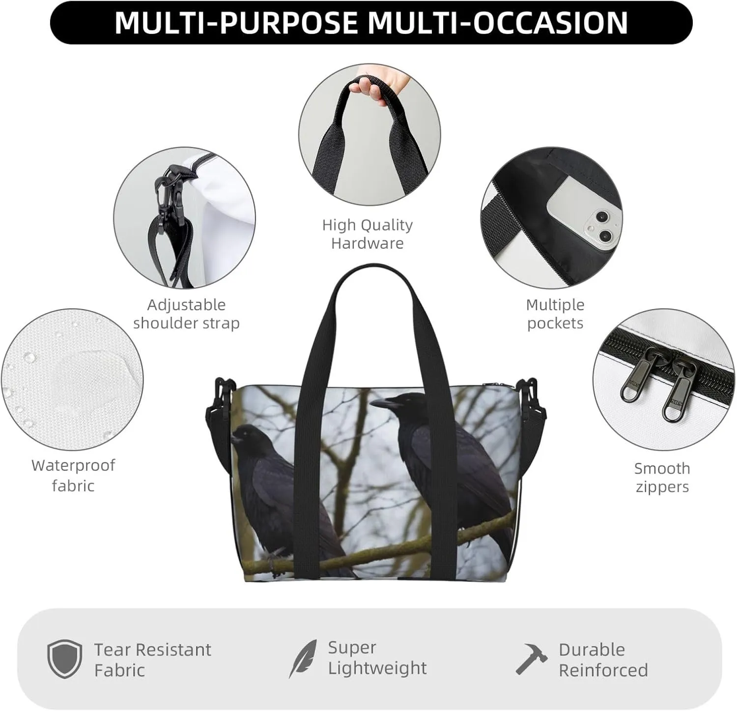 Sports Gym Bag for Women Men Travel Duffel Bag Tote Black Crow Birds Weekender Bag Canvas Carry on Overnight Bag for Travel Swimming Fitness Workout Sports Duffle Bag