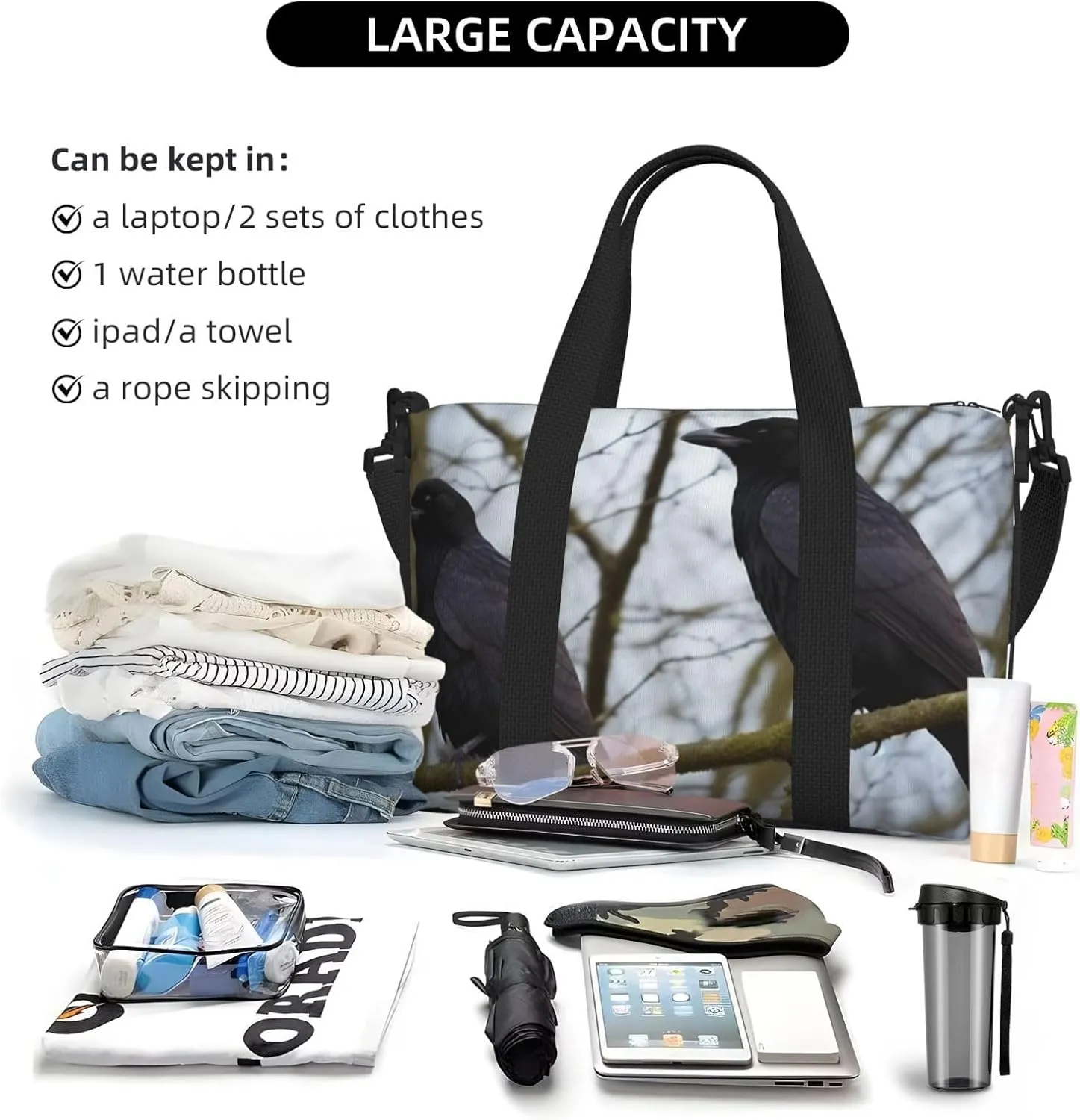 Sports Gym Bag for Women Men Travel Duffel Bag Tote Black Crow Birds Weekender Bag Canvas Carry on Overnight Bag for Travel Swimming Fitness Workout Sports Duffle Bag