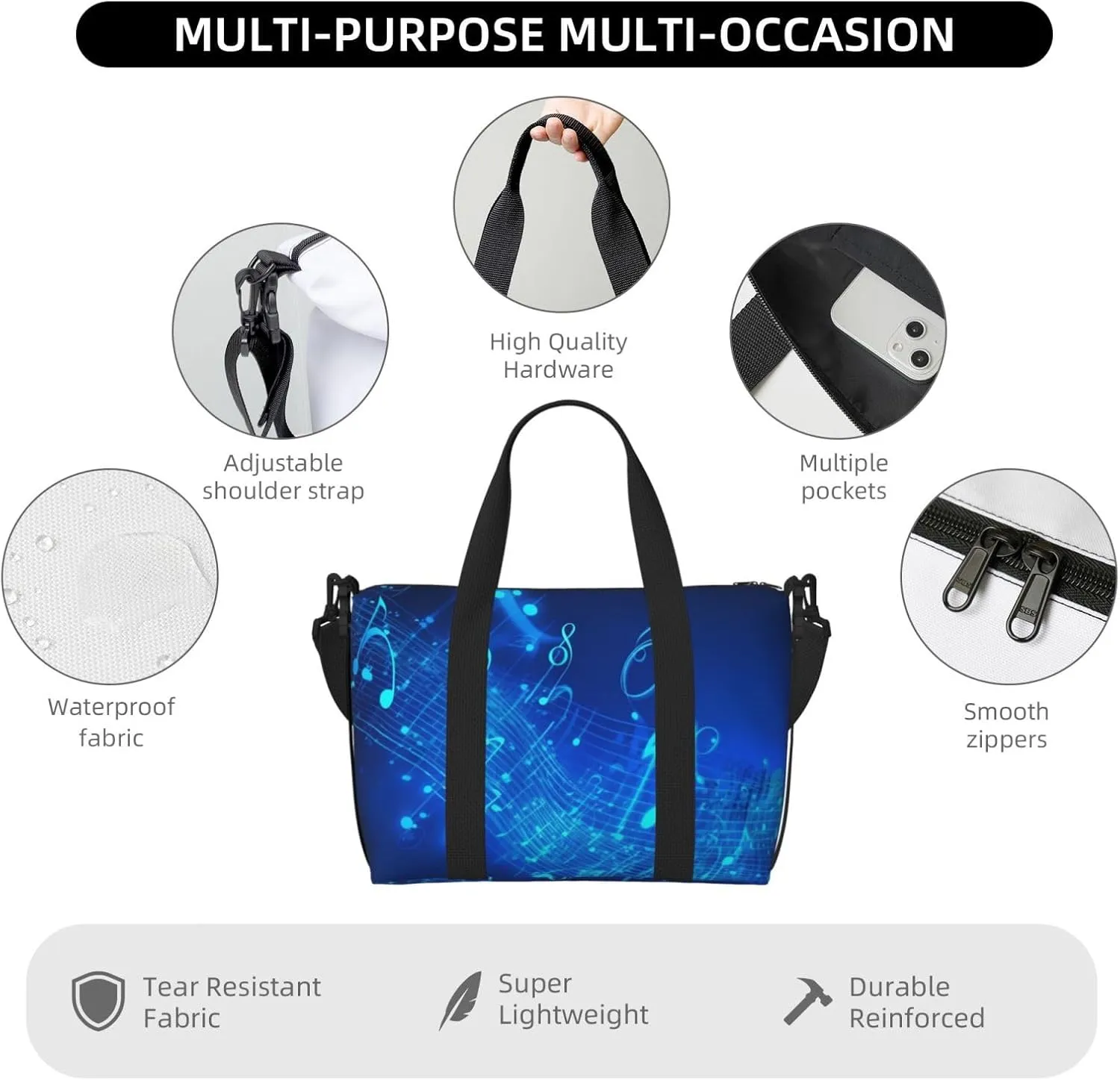 Sports Gym Bag for Women Men Travel Duffel Bag Tote Blue Musical Notes Weekender Bag Canvas Carry on Overnight Bag for Travel Swimming Fitness Workout Sports Duffle Bag