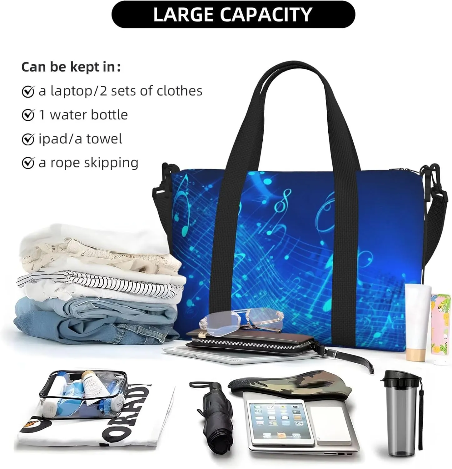 Sports Gym Bag for Women Men Travel Duffel Bag Tote Blue Musical Notes Weekender Bag Canvas Carry on Overnight Bag for Travel Swimming Fitness Workout Sports Duffle Bag