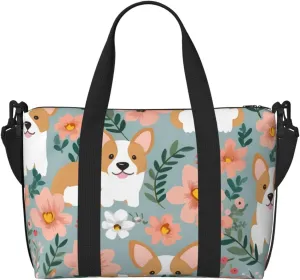 Sports Gym Bag for Women Men Travel Duffel Bag Tote Corgi Floral Flowers Spring Garden Weekender Bag Canvas Carry on Overnight Bag for Travel Swimming Fitness Workout Sports Duffle Bag