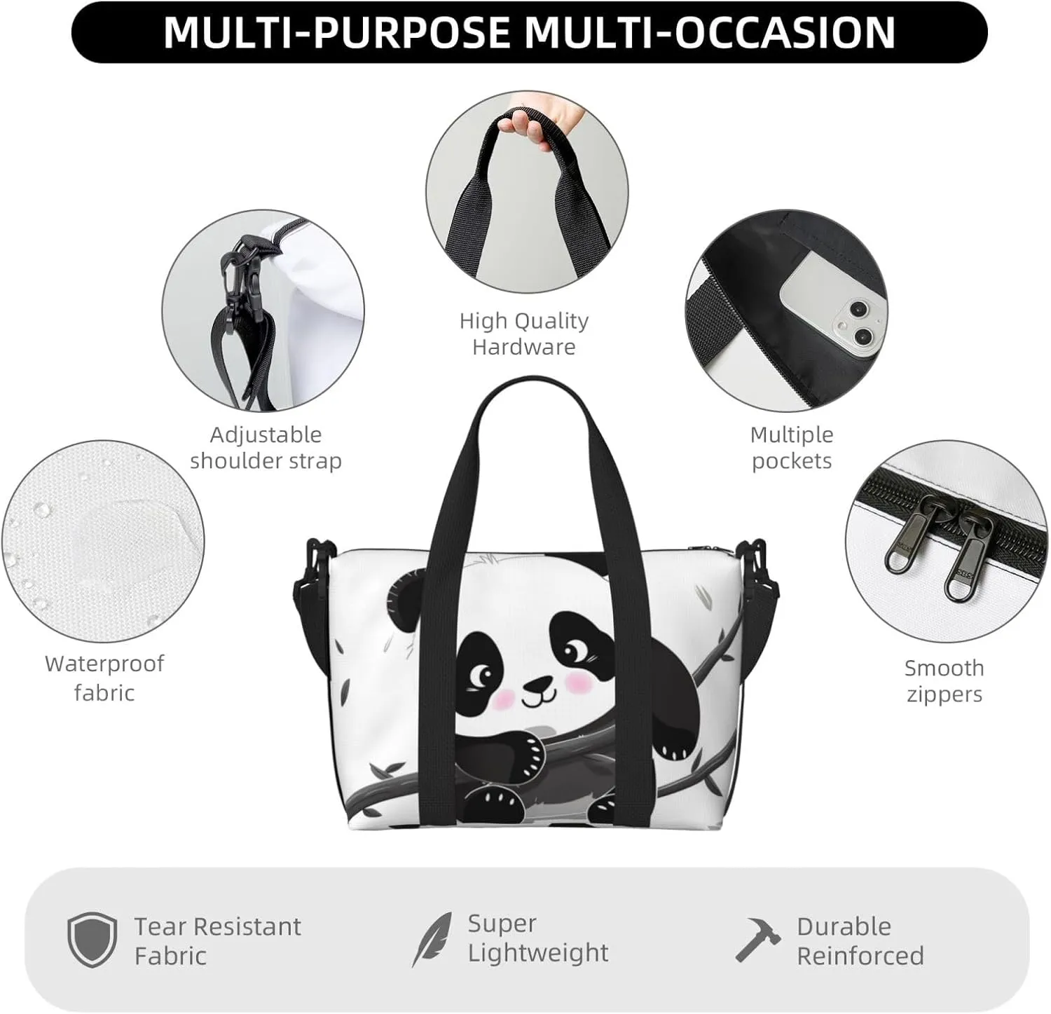 Sports Gym Bag for Women Men Travel Duffel Bag Tote Cute Pandas Weekender Bag Canvas Carry on Overnight Bag for Travel Swimming Fitness Workout Sports Duffle Bag
