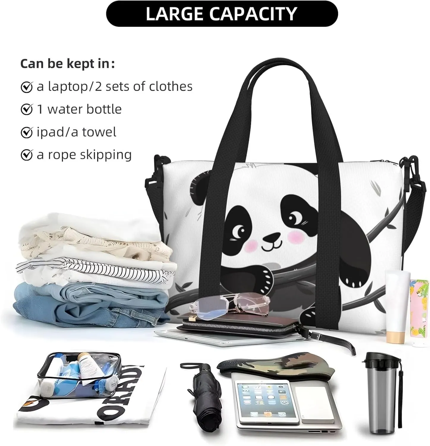 Sports Gym Bag for Women Men Travel Duffel Bag Tote Cute Pandas Weekender Bag Canvas Carry on Overnight Bag for Travel Swimming Fitness Workout Sports Duffle Bag