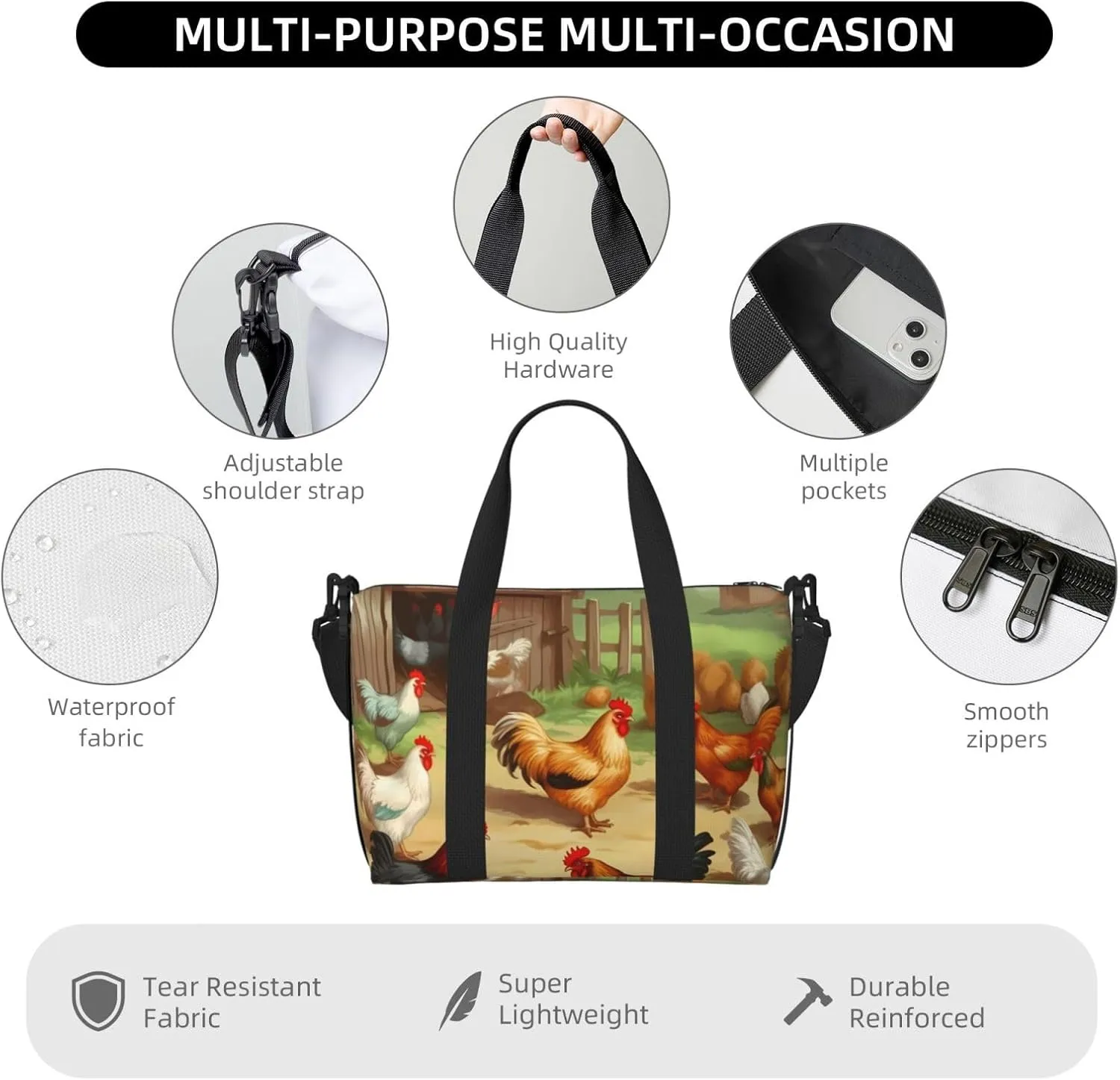 Sports Gym Bag for Women Men Travel Duffel Bag Tote Roast Chicken Hen Farm Weekender Bag Canvas Carry on Overnight Bag for Travel Swimming Fitness Workout Sports Duffle Bag