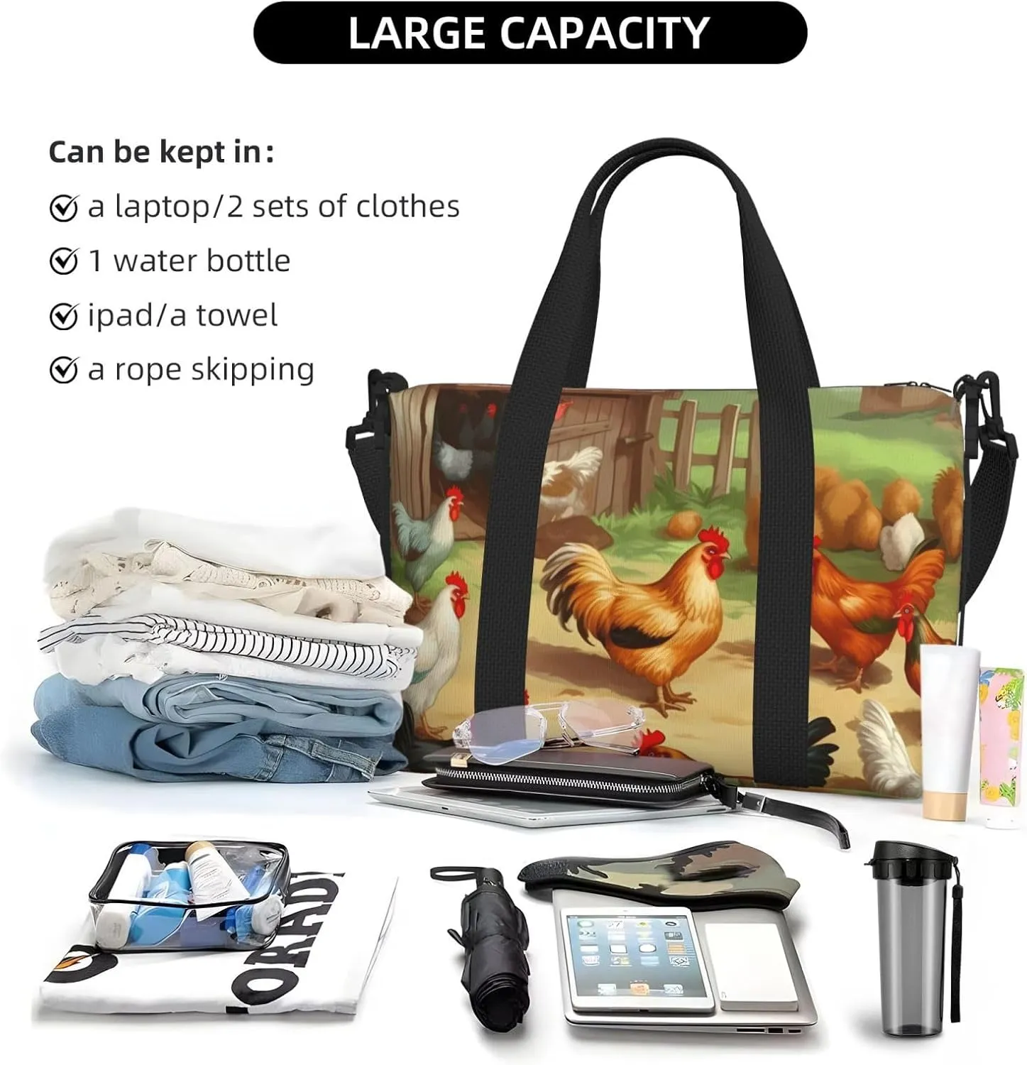 Sports Gym Bag for Women Men Travel Duffel Bag Tote Roast Chicken Hen Farm Weekender Bag Canvas Carry on Overnight Bag for Travel Swimming Fitness Workout Sports Duffle Bag