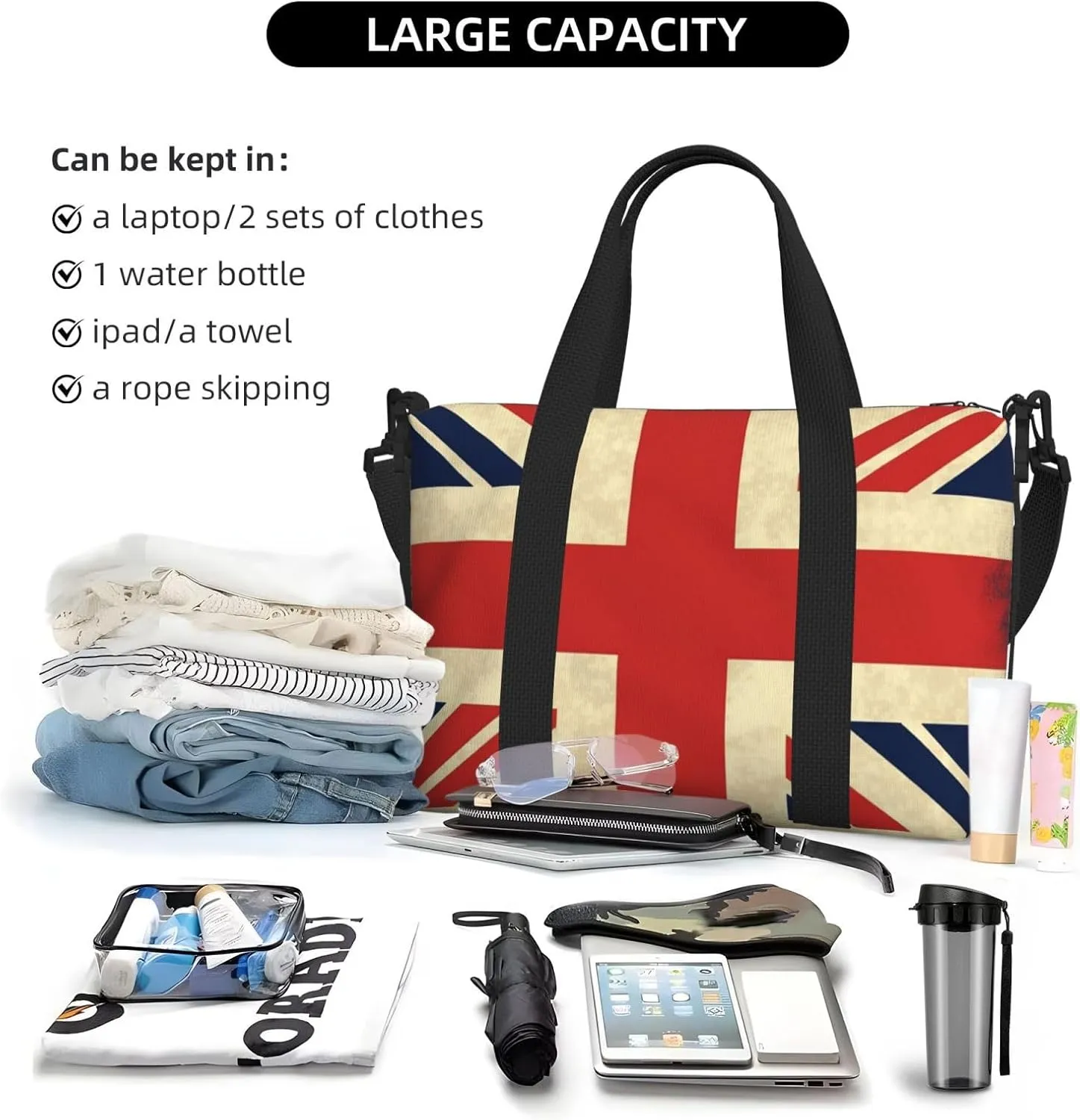 Sports Gym Bag for Women Men Travel Duffel Bag Tote UK Flag Weekender Bag Canvas Carry on Overnight Bag for Travel Swimming Fitness Workout Sports Duffle Bag