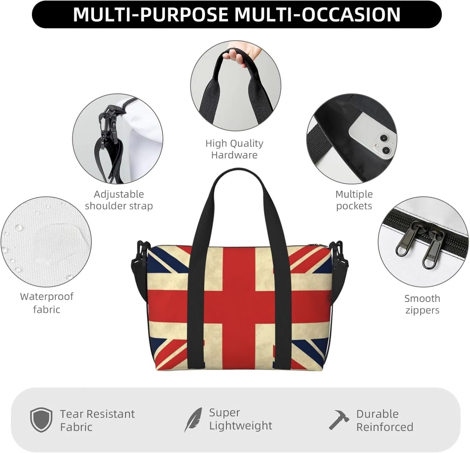 Sports Gym Bag for Women Men Travel Duffel Bag Tote UK Flag Weekender Bag Canvas Carry on Overnight Bag for Travel Swimming Fitness Workout Sports Duffle Bag
