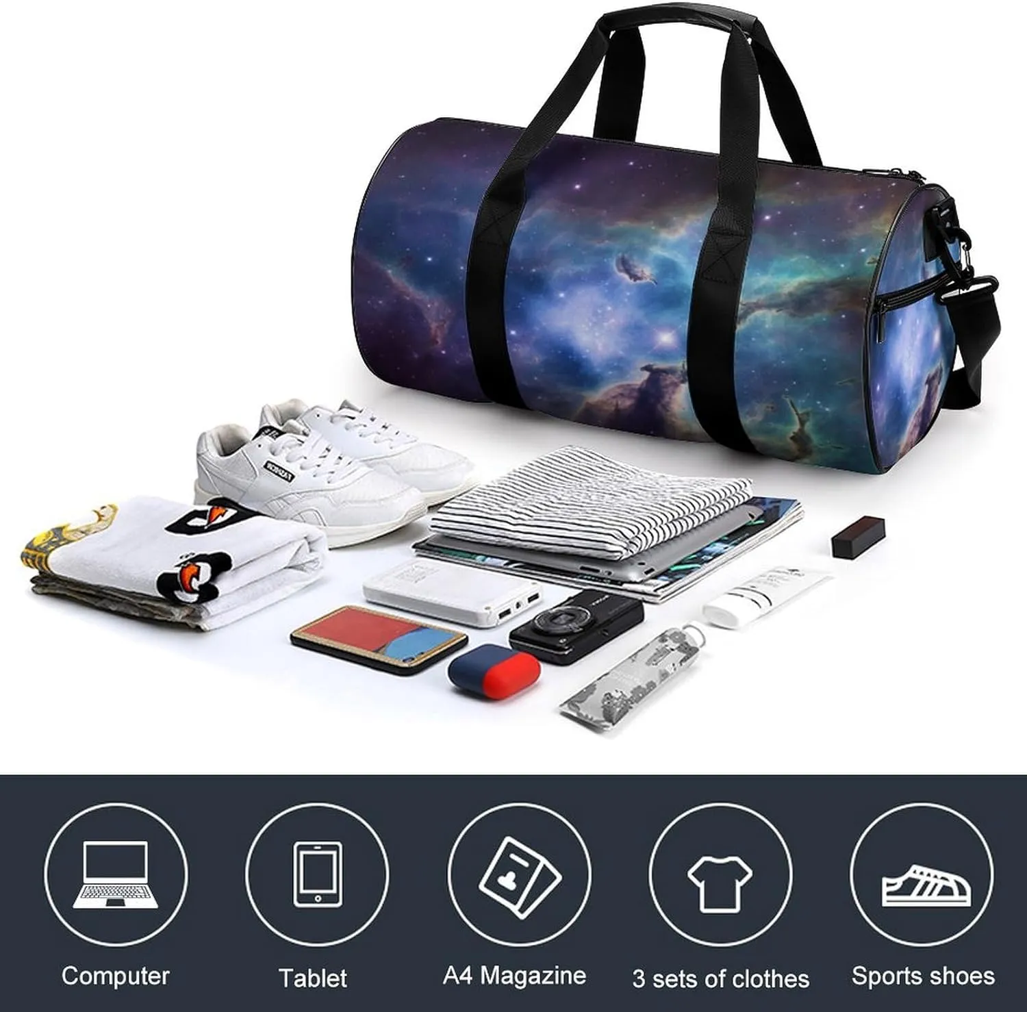 Sports Gym Bag for Women Men Travel Duffel Bag Tote Weekender Bag Universe Galaxy Space Carry on Overnight Bag for Travel Swimming Fitness Workout Sports Duffle Bag