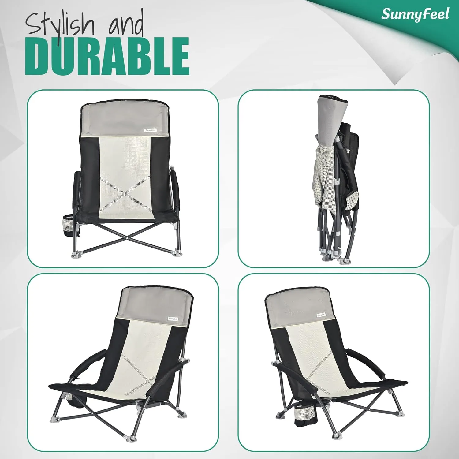SUNNYFEEL Low Folding Beach Chair for Adults, Portable Lightweight Sling Beach Camping Chairs with Cup Holder, Armrest,Foldable Camp Lawn Chair for Outdoor Sand Concert Travel Sport Events,300LBS