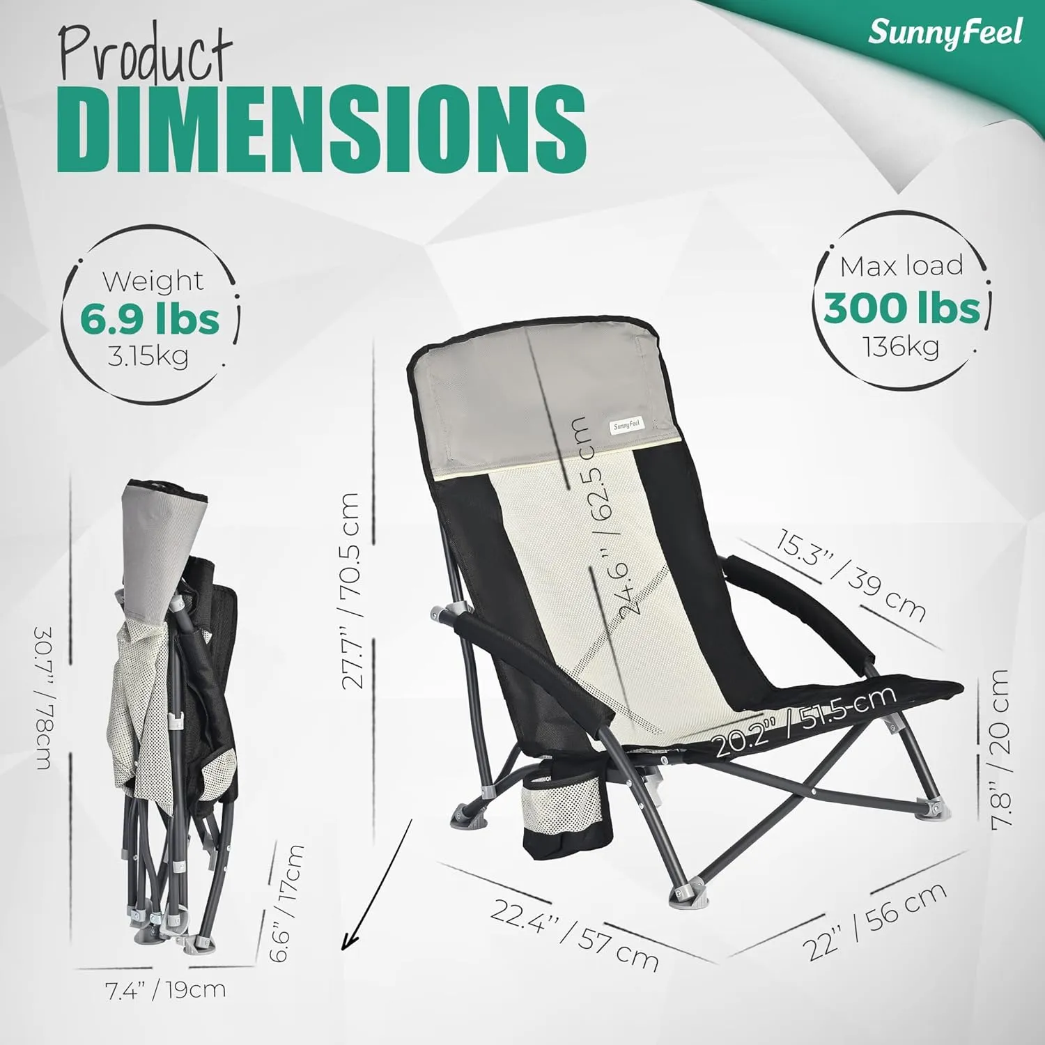 SUNNYFEEL Low Folding Beach Chair for Adults, Portable Lightweight Sling Beach Camping Chairs with Cup Holder, Armrest,Foldable Camp Lawn Chair for Outdoor Sand Concert Travel Sport Events,300LBS