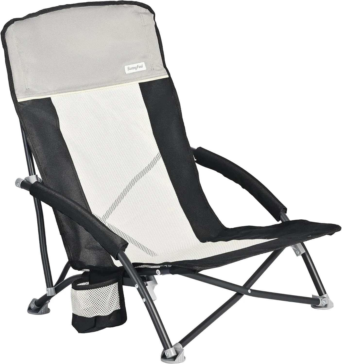 SUNNYFEEL Low Folding Beach Chair for Adults, Portable Lightweight Sling Beach Camping Chairs with Cup Holder, Armrest,Foldable Camp Lawn Chair for Outdoor Sand Concert Travel Sport Events,300LBS