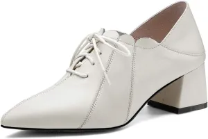 TinaCus Women's Genuine Leather Handmade Comfortable Mid Block Heel Pointed Toe Graceful Lace Up Pump Shoes