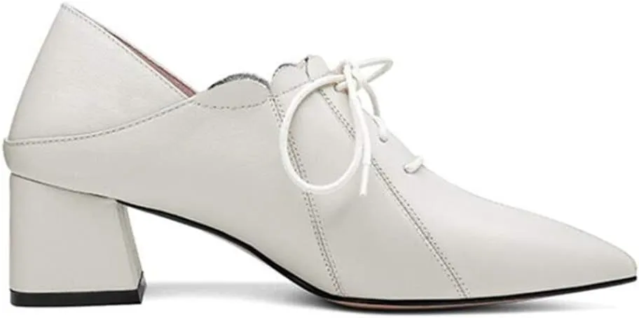 TinaCus Women's Genuine Leather Handmade Comfortable Mid Block Heel Pointed Toe Graceful Lace Up Pump Shoes
