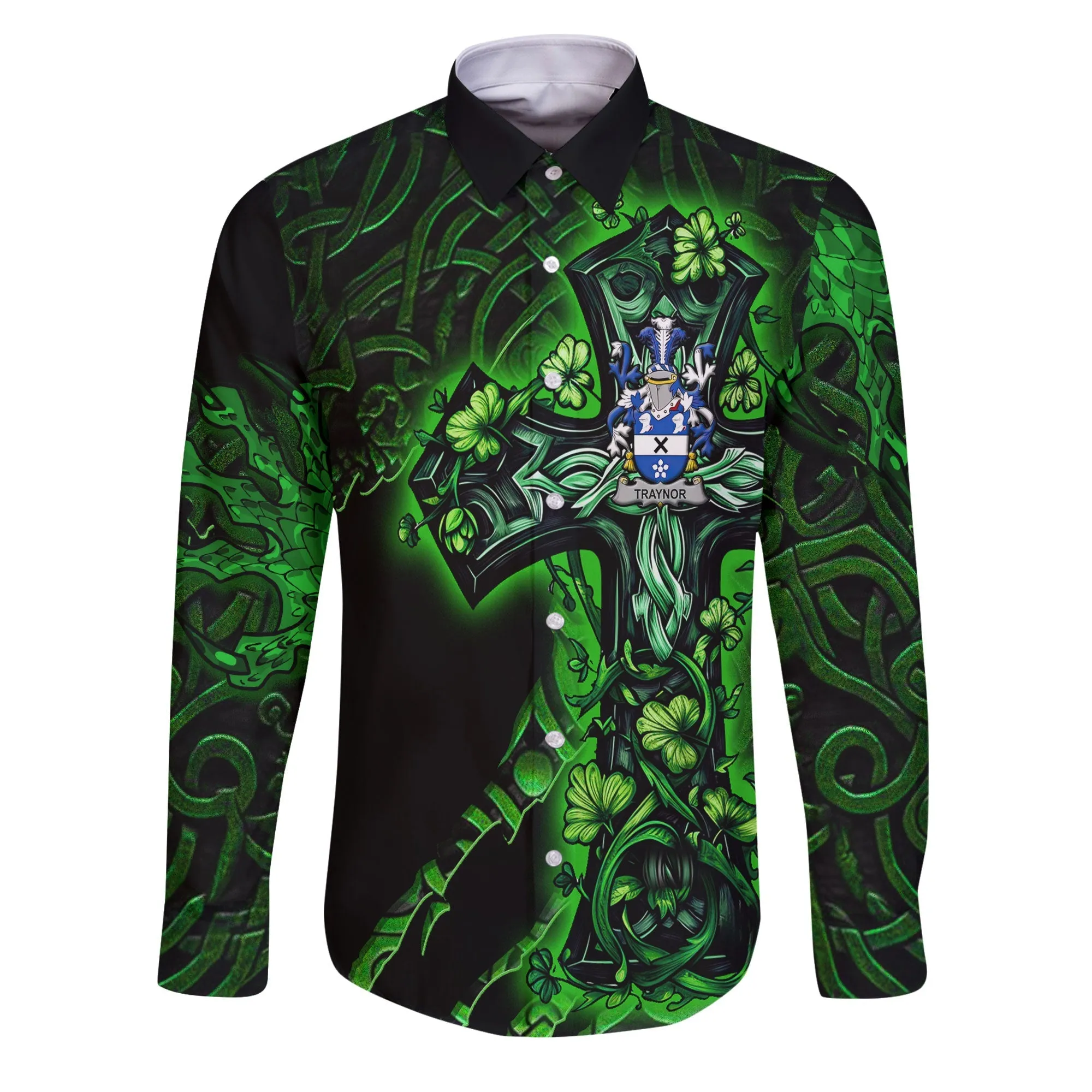 Traynor or Trainer Long Sleeve Button Shirts Celtic Cross And Dragon Style