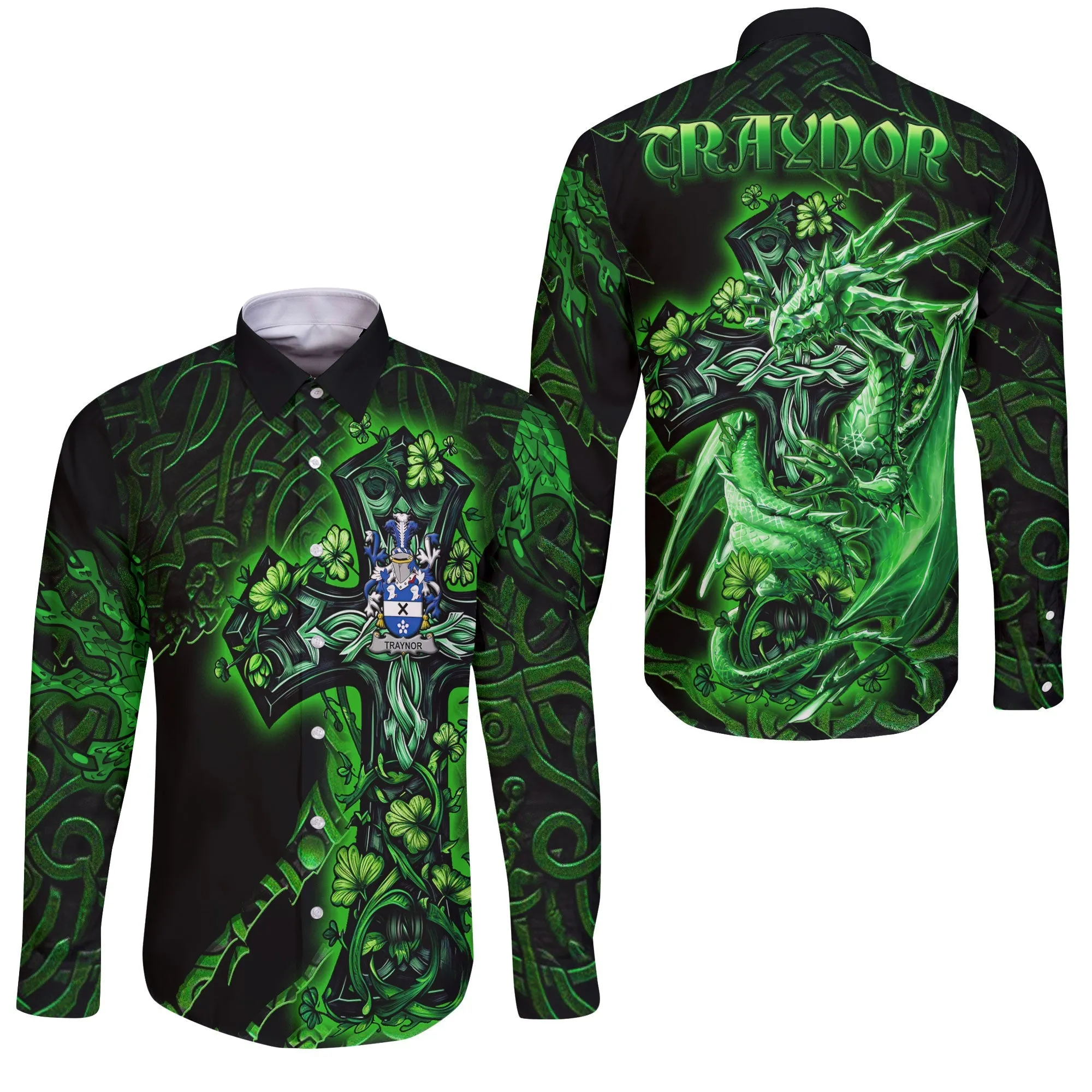 Traynor or Trainer Long Sleeve Button Shirts Celtic Cross And Dragon Style