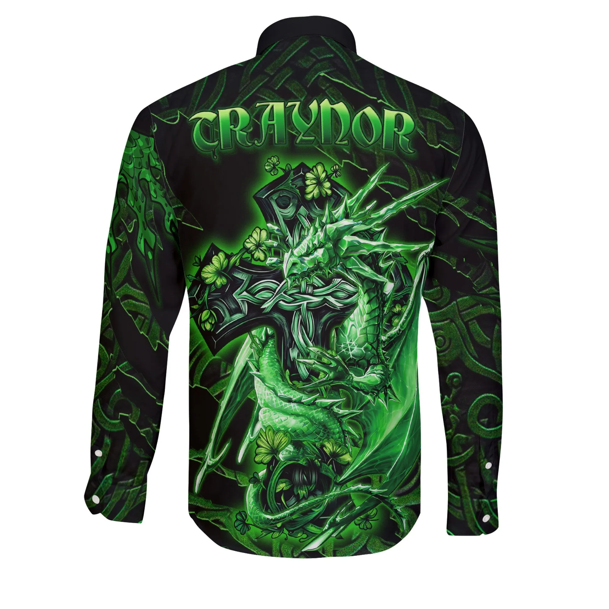 Traynor or Trainer Long Sleeve Button Shirts Celtic Cross And Dragon Style