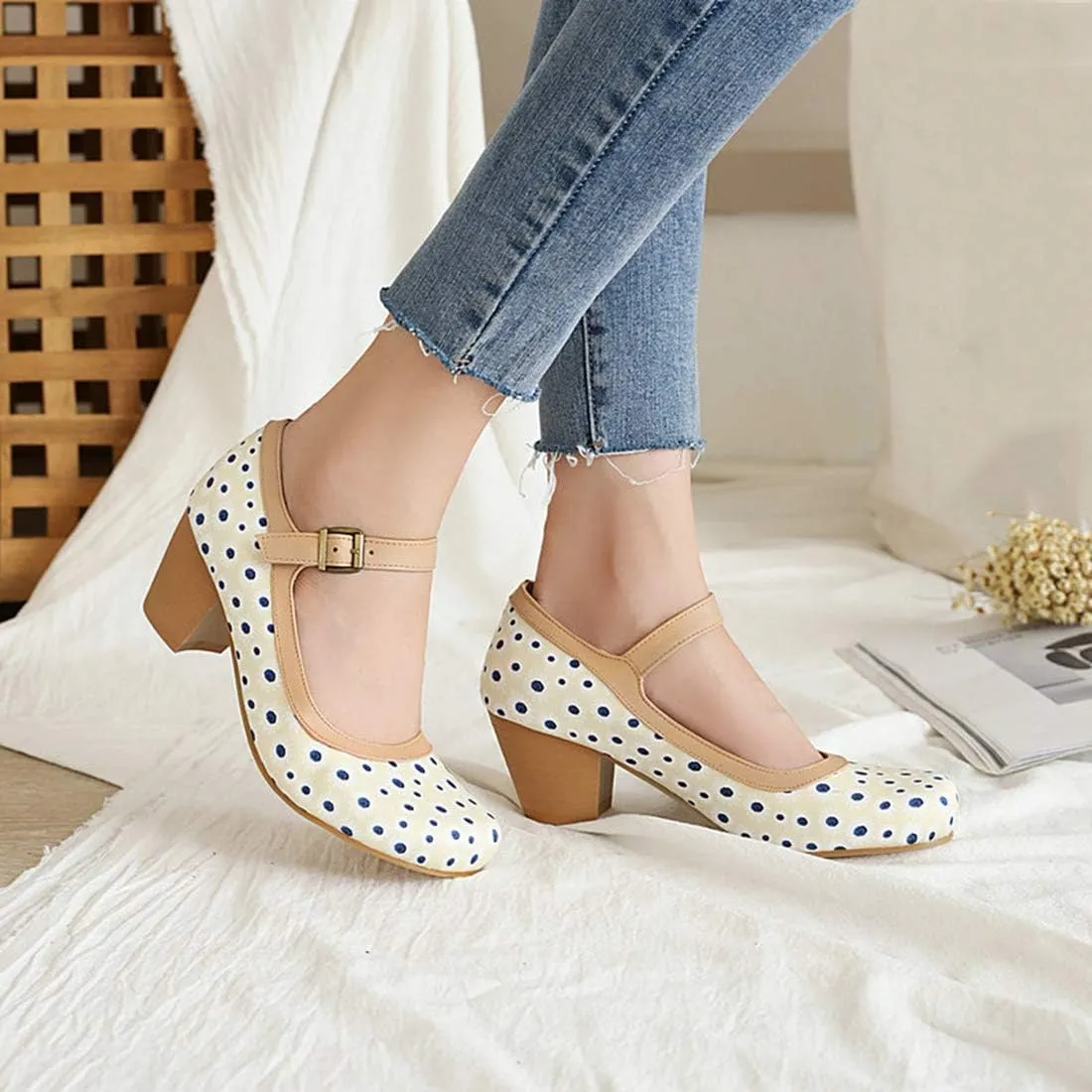VOKLIN Women's Ladies Retro Mary Jane Pumps Round Toe Ankle Strap Chunky Block Mid Heel Oxford Dress Shoes