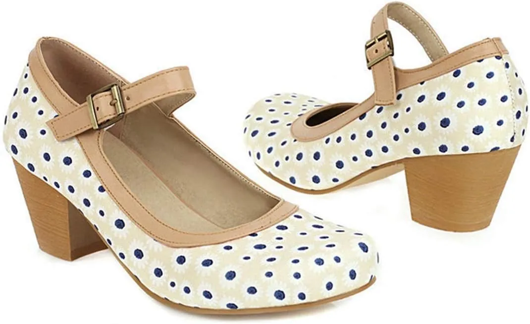 VOKLIN Women's Ladies Retro Mary Jane Pumps Round Toe Ankle Strap Chunky Block Mid Heel Oxford Dress Shoes