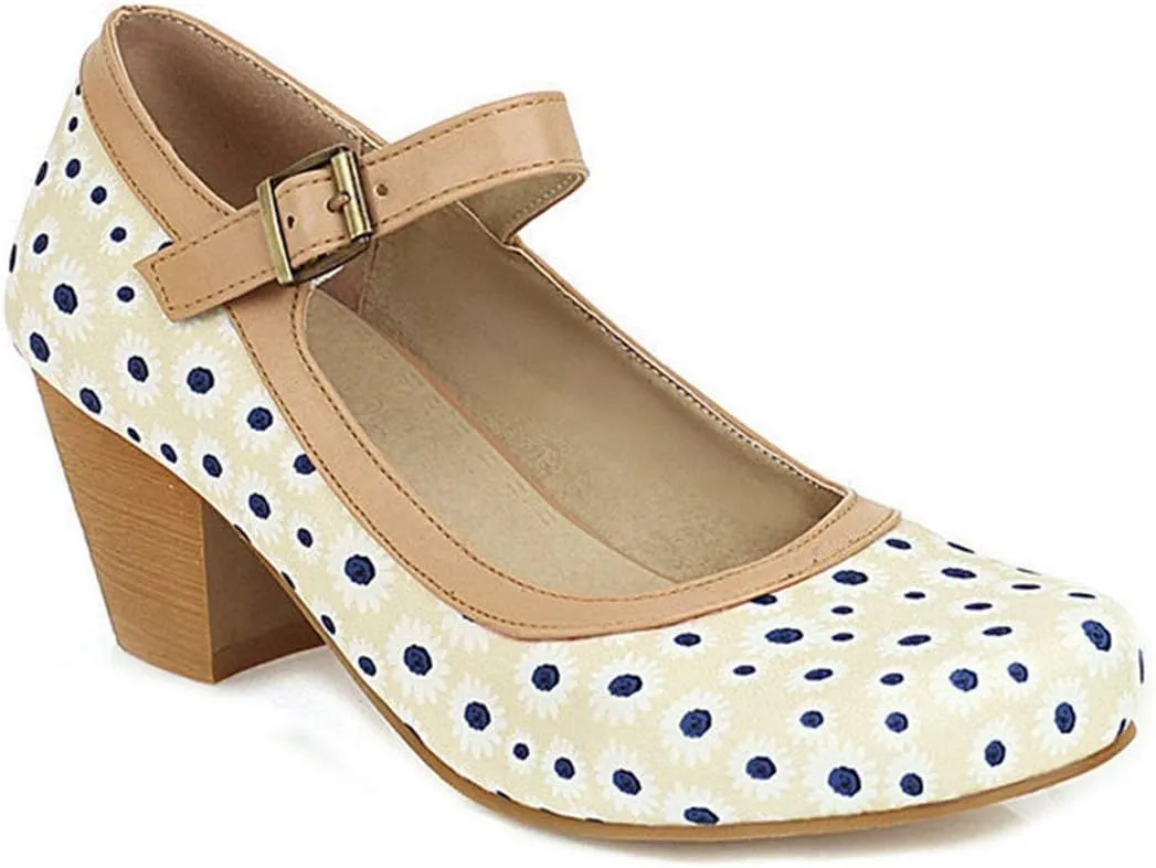 VOKLIN Women's Ladies Retro Mary Jane Pumps Round Toe Ankle Strap Chunky Block Mid Heel Oxford Dress Shoes