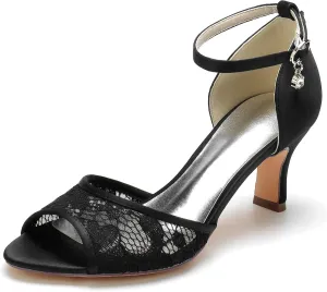 Wedding Shoes for Bride Peep Toe Comfortable Mid Block Heel Lace Ankle Strap Wedding Dress Pump Sandals 6.5Cm Heel Height