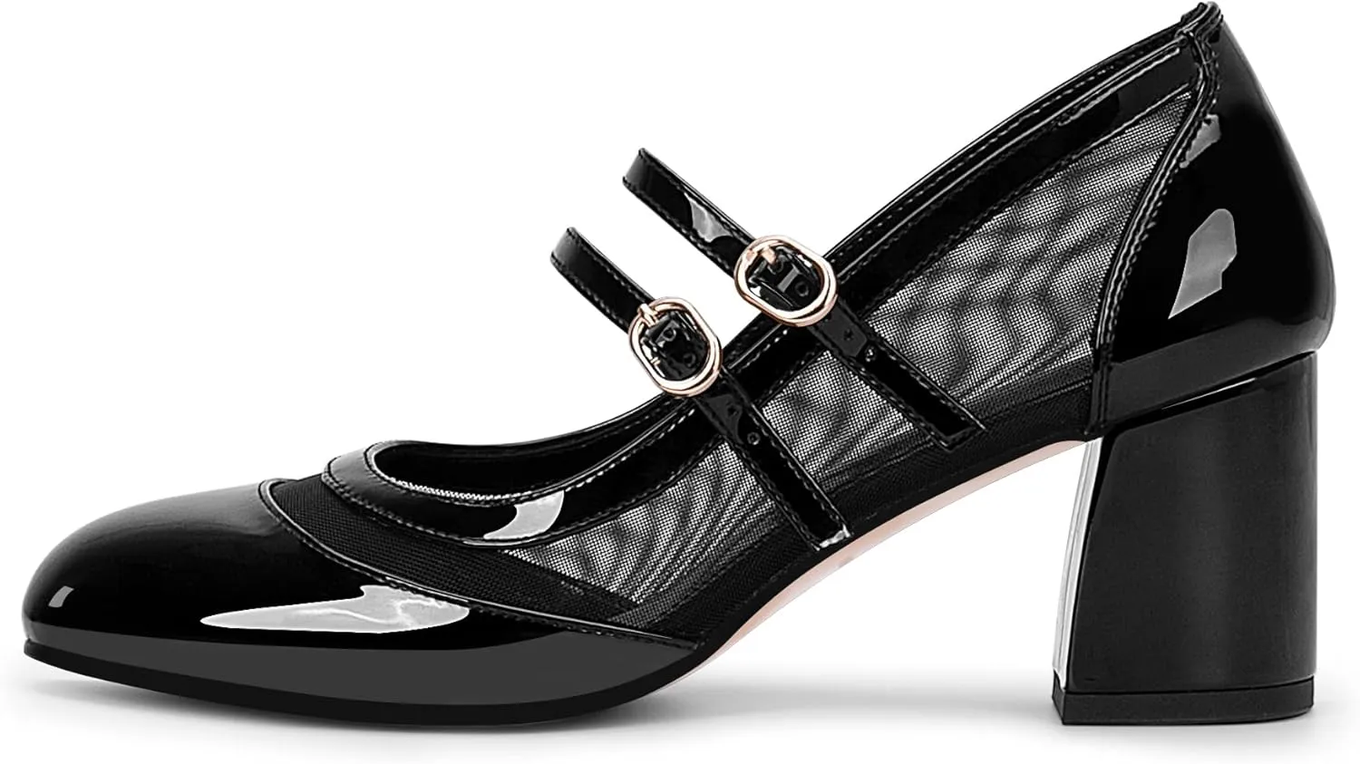 Women's Air Mesh Mary Janes Pumps High Heel Shoes with Block Heel & Double Buckle Strap Dress Shoes