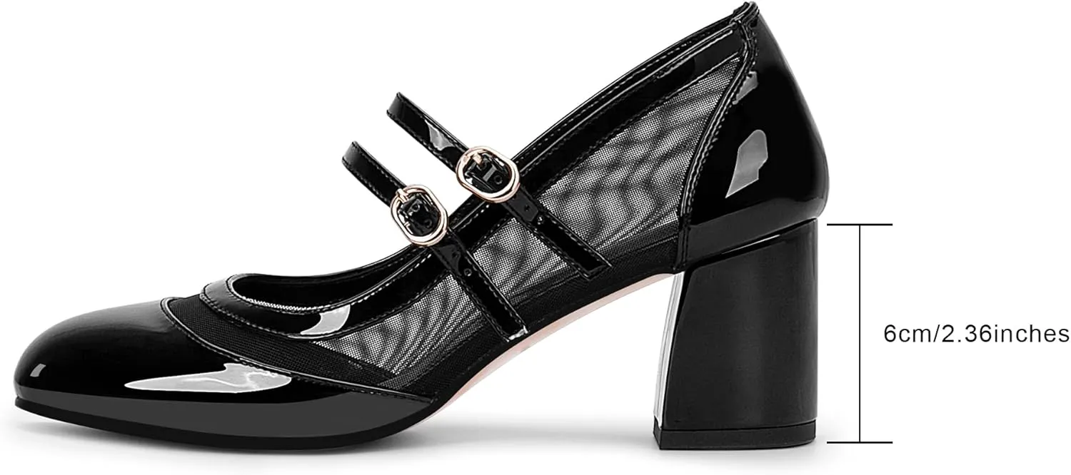 Women's Air Mesh Mary Janes Pumps High Heel Shoes with Block Heel & Double Buckle Strap Dress Shoes