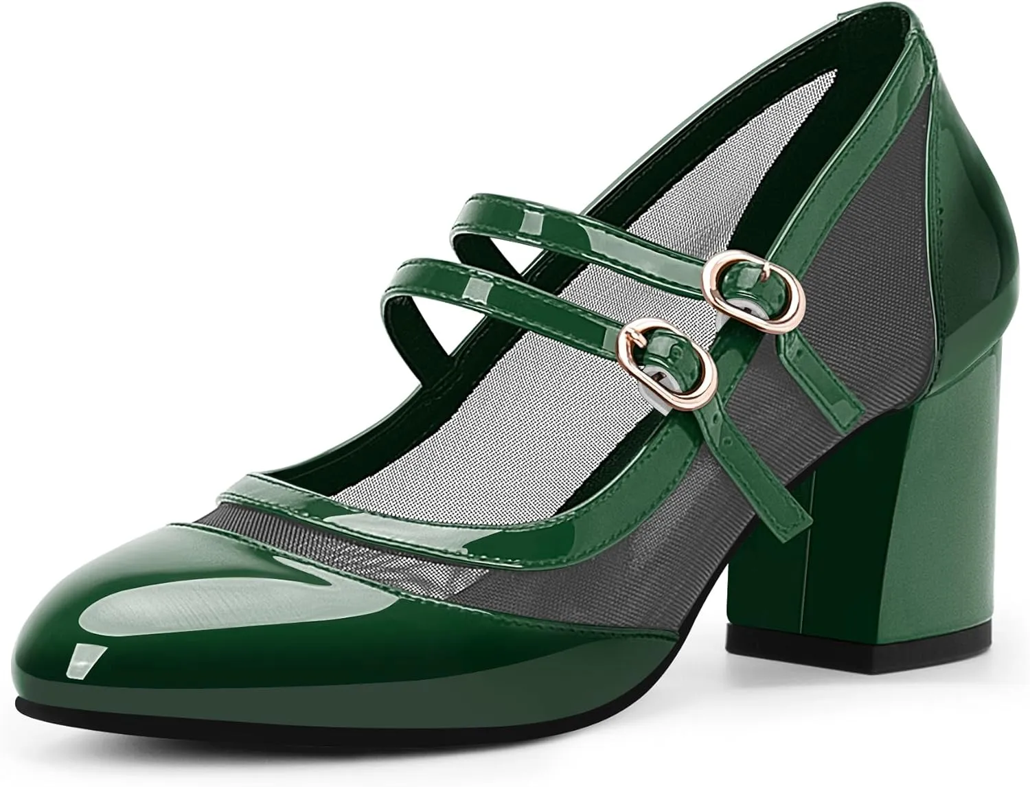 Women's Air Mesh Mary Janes Pumps High Heel Shoes with Block Heel & Double Buckle Strap Dress Shoes