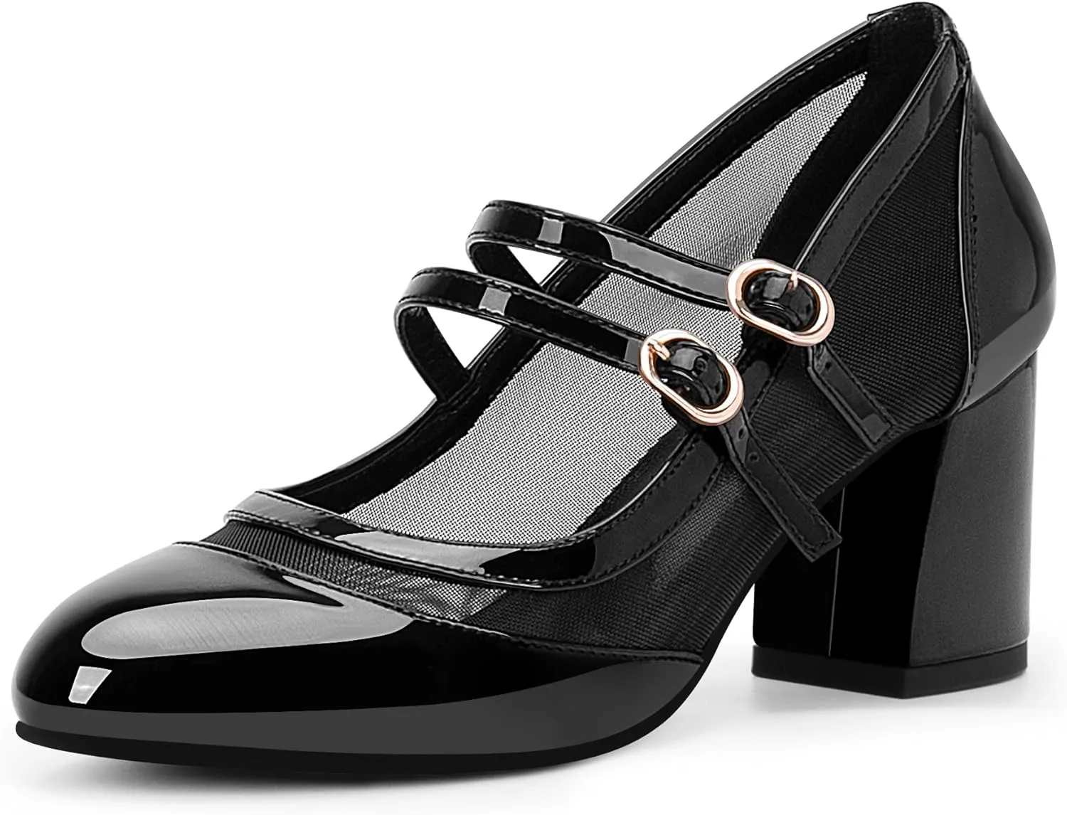 Women's Air Mesh Mary Janes Pumps High Heel Shoes with Block Heel & Double Buckle Strap Dress Shoes
