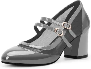 Women's Air Mesh Mary Janes Pumps High Heel Shoes with Block Heel & Double Buckle Strap Dress Shoes