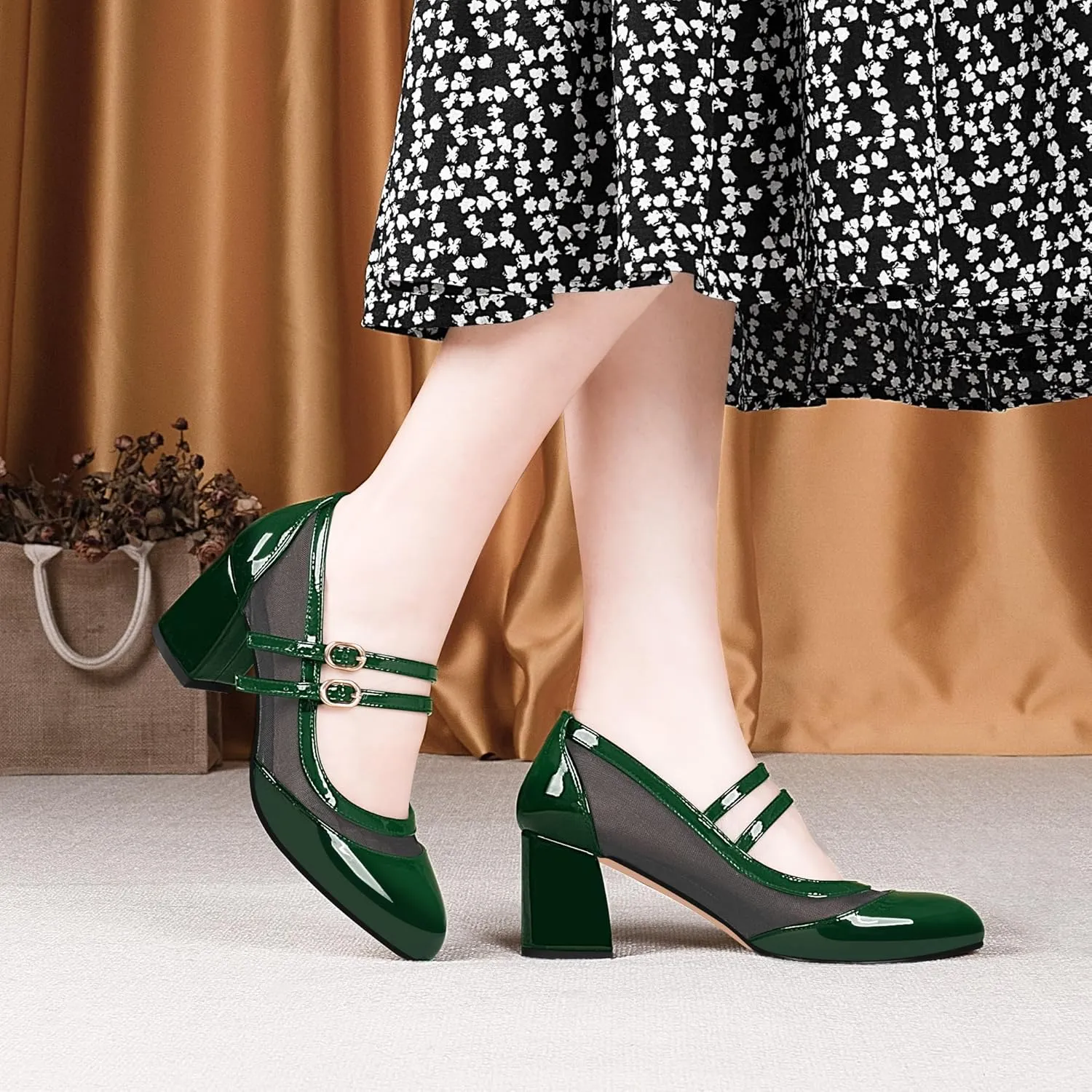 Women's Air Mesh Mary Janes Pumps High Heel Shoes with Block Heel & Double Buckle Strap Dress Shoes