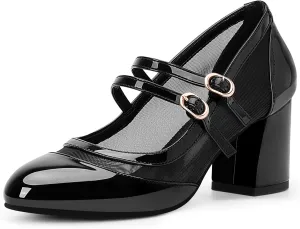 Women's Air Mesh Mary Janes Pumps High Heel Shoes with Block Heel & Double Buckle Strap Dress Shoes