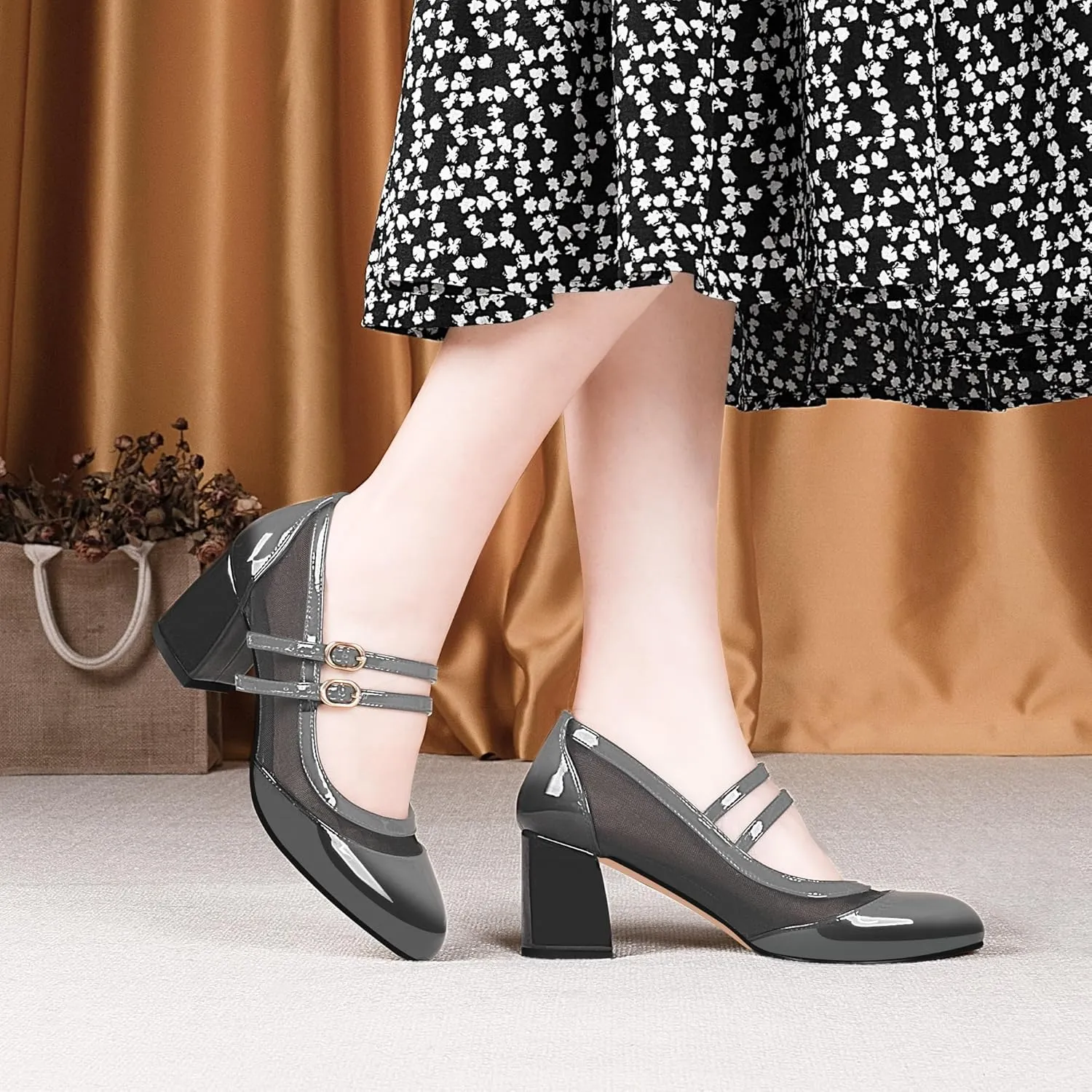 Women's Air Mesh Mary Janes Pumps High Heel Shoes with Block Heel & Double Buckle Strap Dress Shoes