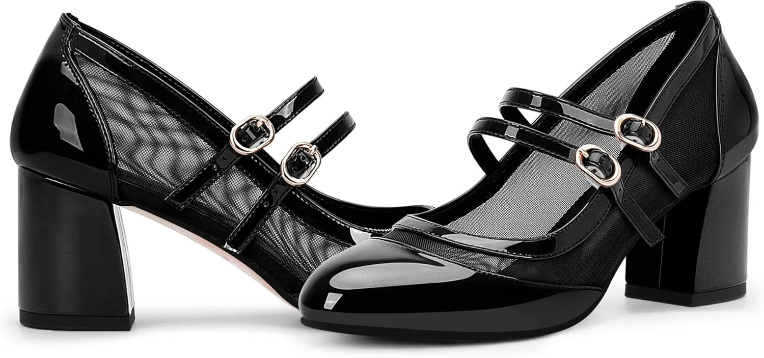 Women's Air Mesh Mary Janes Pumps High Heel Shoes with Block Heel & Double Buckle Strap Dress Shoes