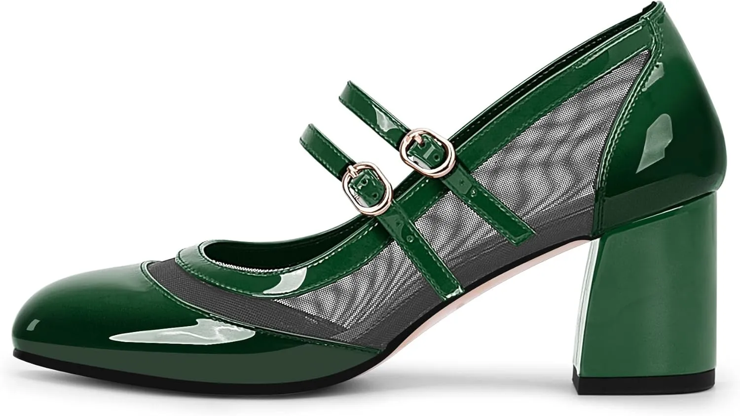 Women's Air Mesh Mary Janes Pumps High Heel Shoes with Block Heel & Double Buckle Strap Dress Shoes