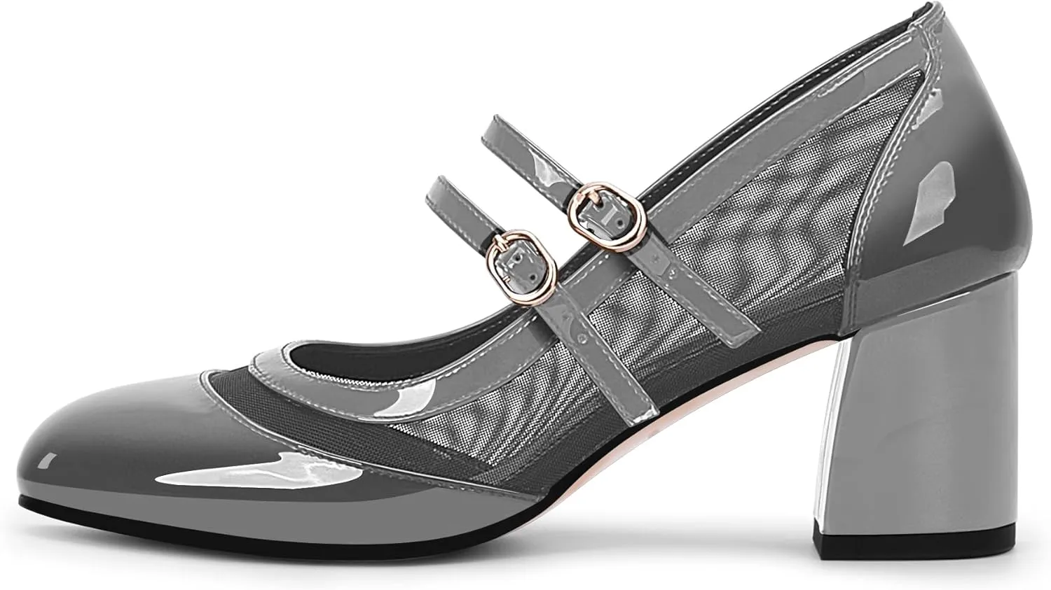 Women's Air Mesh Mary Janes Pumps High Heel Shoes with Block Heel & Double Buckle Strap Dress Shoes