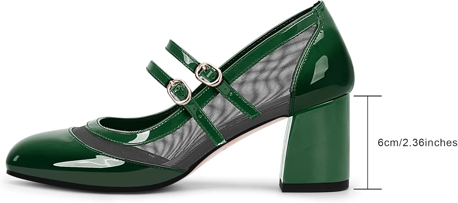 Women's Air Mesh Mary Janes Pumps High Heel Shoes with Block Heel & Double Buckle Strap Dress Shoes