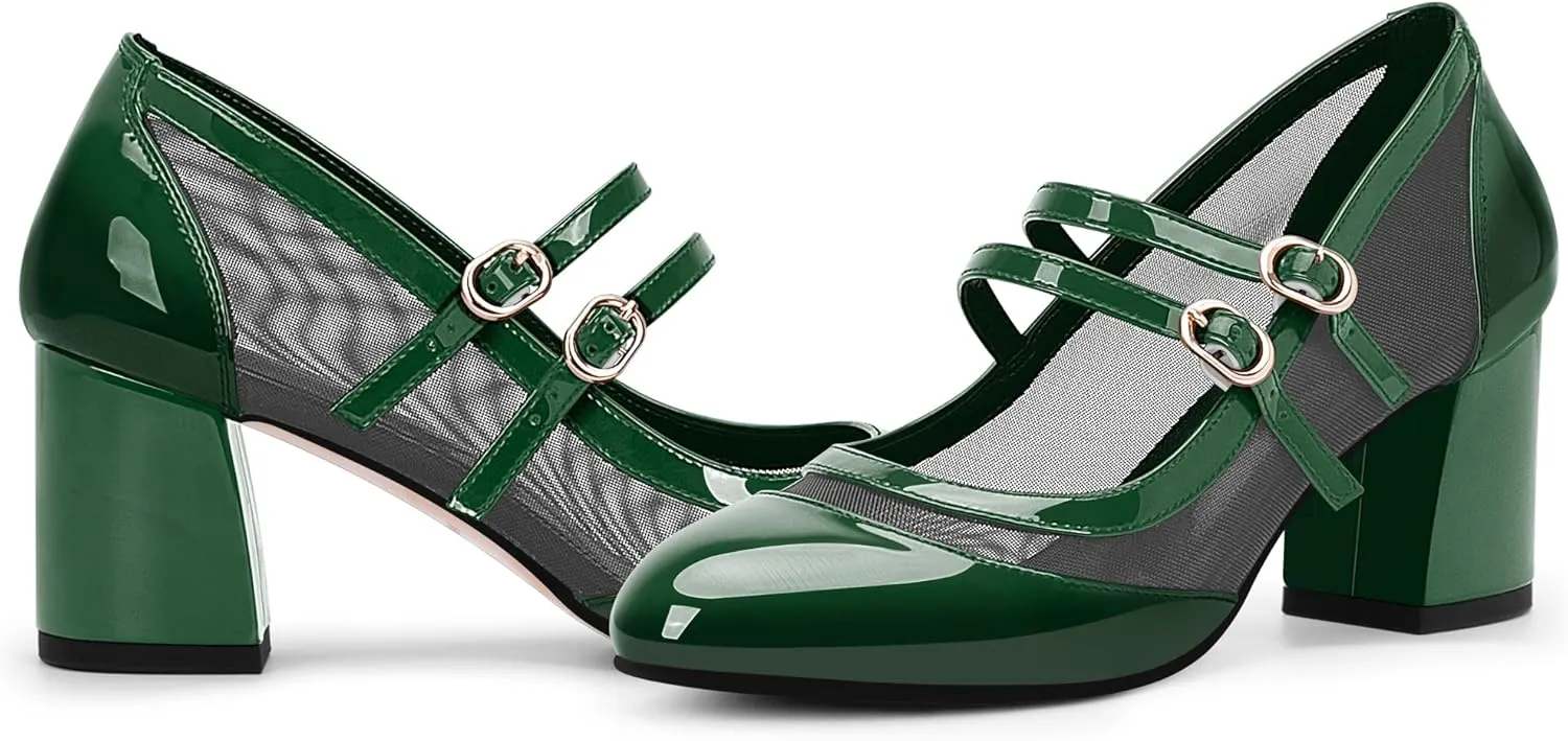 Women's Air Mesh Mary Janes Pumps High Heel Shoes with Block Heel & Double Buckle Strap Dress Shoes