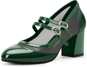 Women's Air Mesh Mary Janes Pumps High Heel Shoes with Block Heel & Double Buckle Strap Dress Shoes