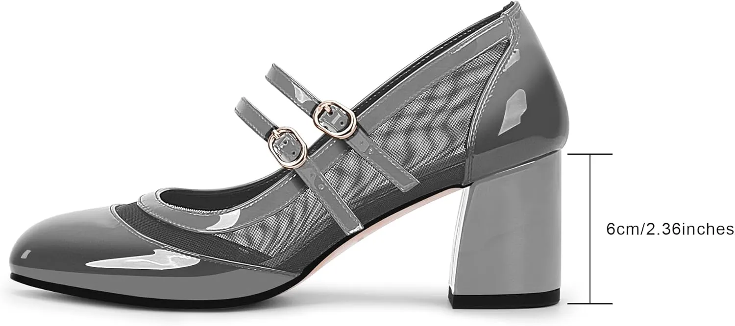 Women's Air Mesh Mary Janes Pumps High Heel Shoes with Block Heel & Double Buckle Strap Dress Shoes