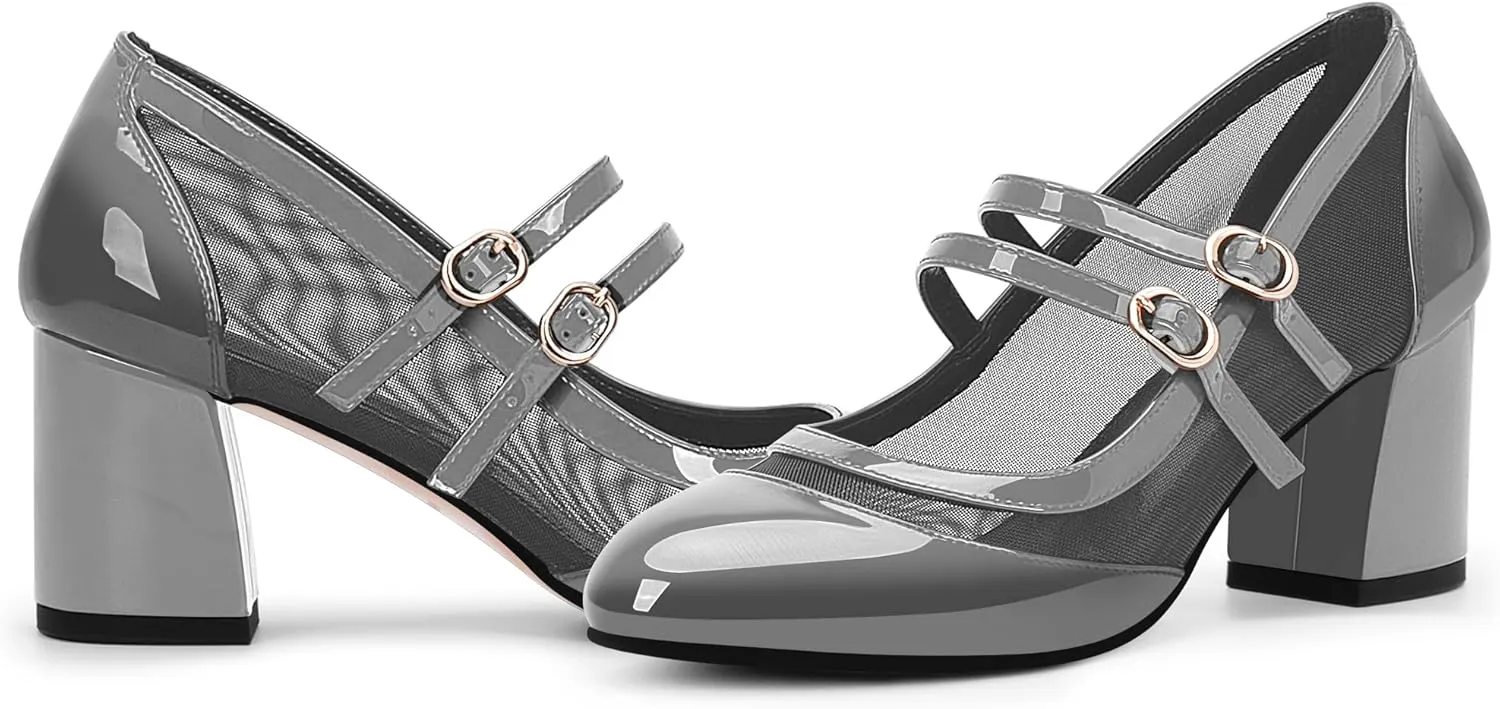 Women's Air Mesh Mary Janes Pumps High Heel Shoes with Block Heel & Double Buckle Strap Dress Shoes