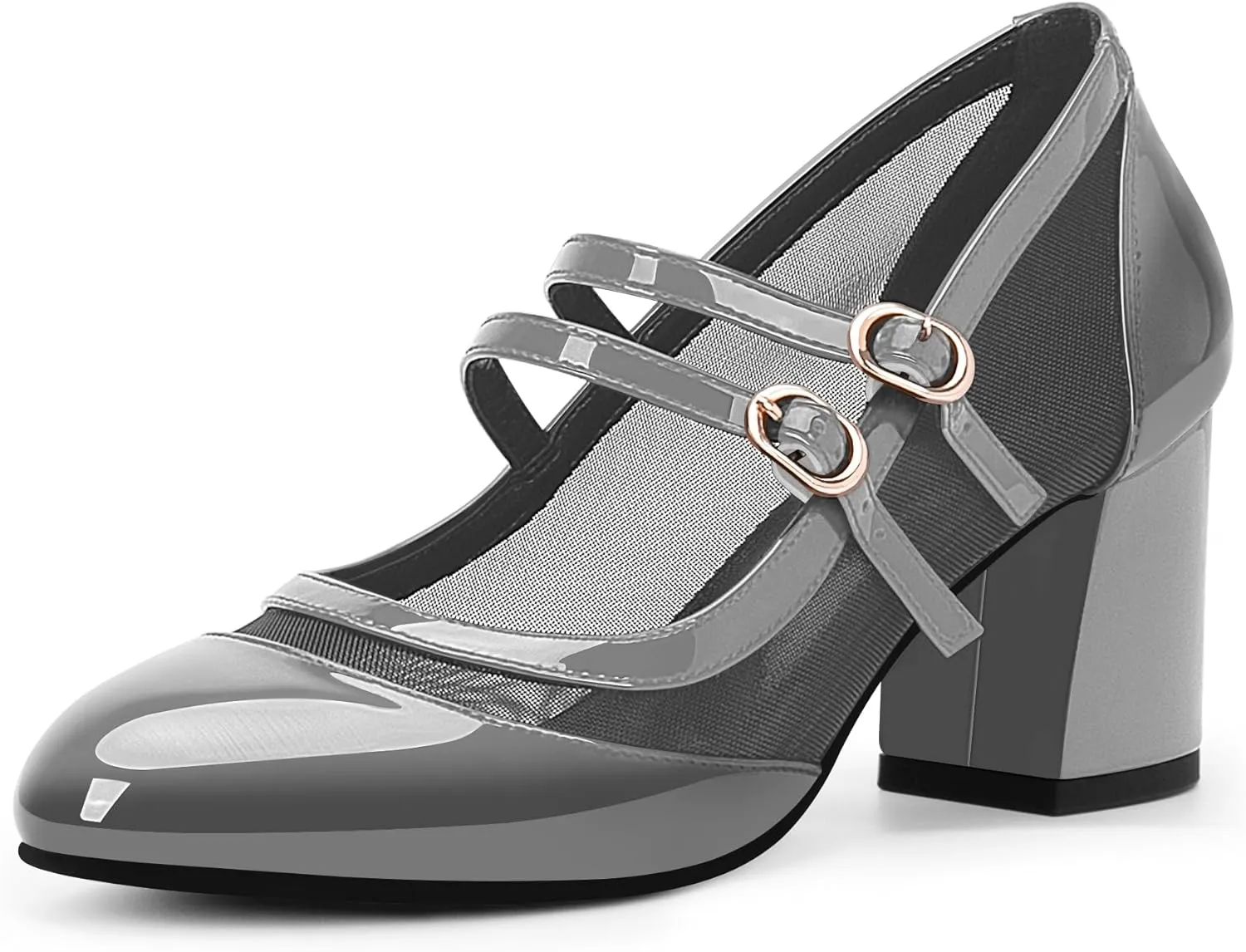 Women's Air Mesh Mary Janes Pumps High Heel Shoes with Block Heel & Double Buckle Strap Dress Shoes