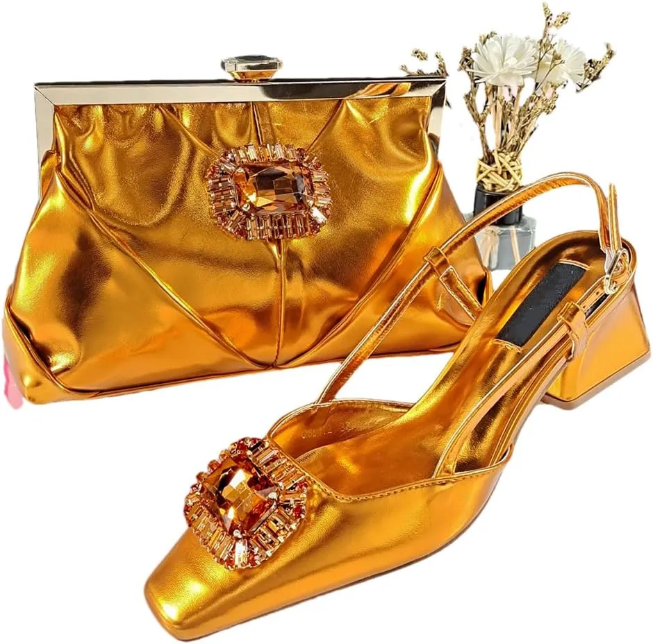 Women’S Coffee Rhinestone Pointed Toe High Heels and Matching Bag Set for Luxury Parties