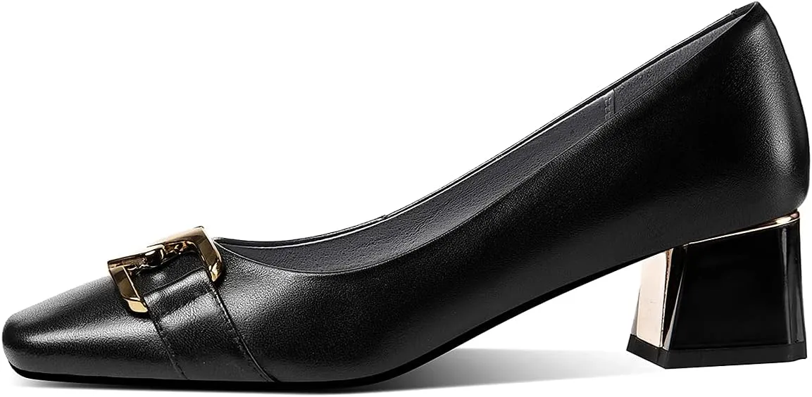 Women's Genuine Leather Handmade Slip On Block Heel Square Toe Pump Shoes with Unique Metal Pattern